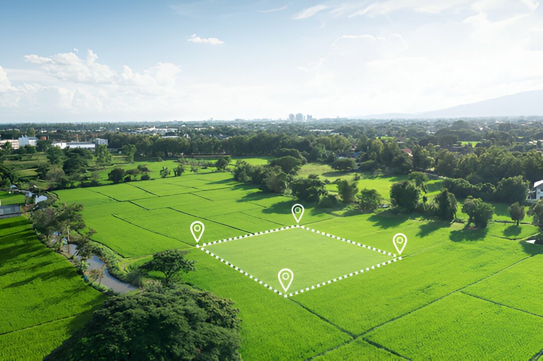 Aerial land mapping view with survey markers